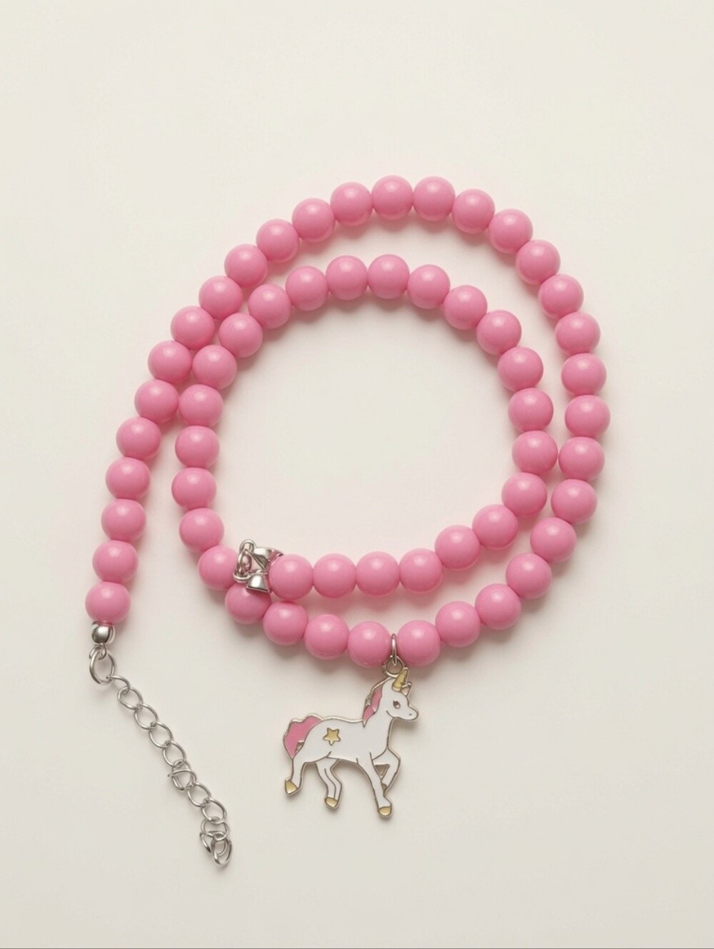 19-Inch Sandblasted Acrylic Beaded Necklace with Resin Unicorn Pendant